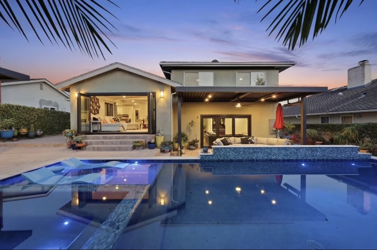 Luxury backyard pool photographed at twilight