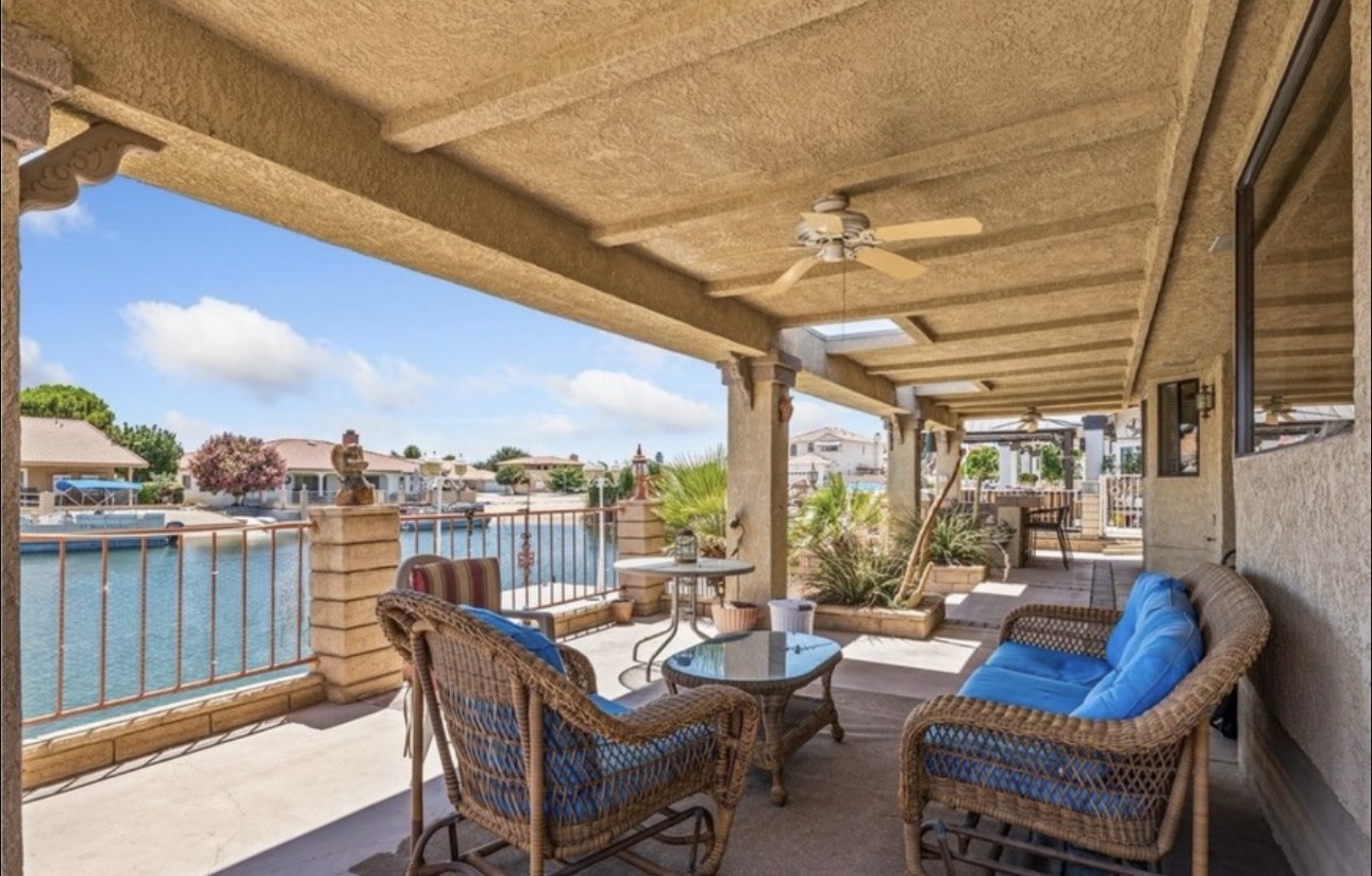 Waterfront patio with lake views